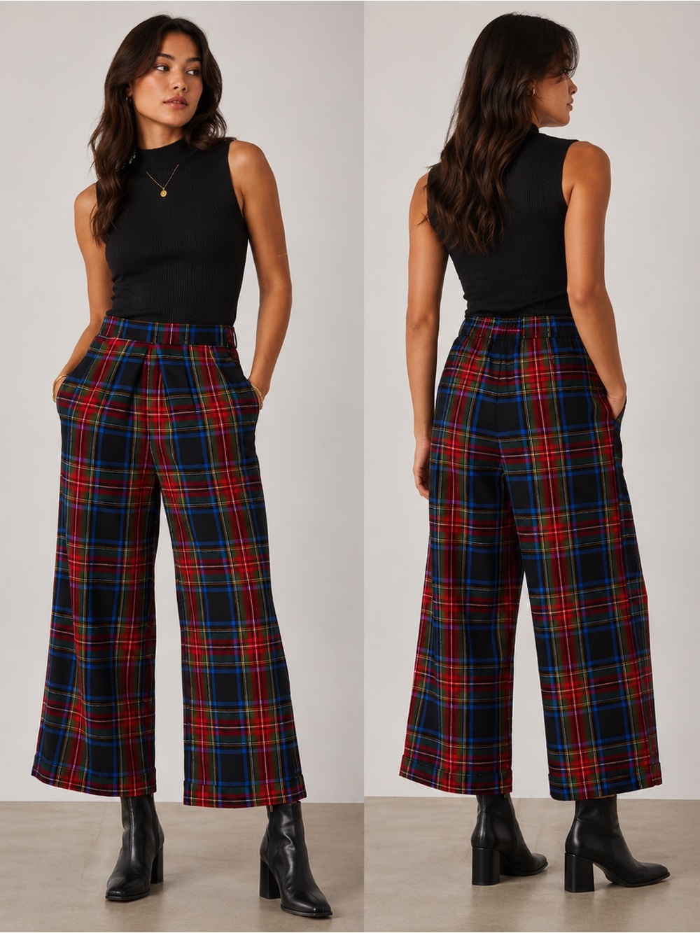 OBEY Irving Cropped Plaid Wide Leg Pants Black Multi XL NWT Fall 2020